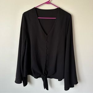 Bell sleeve button-up waist tie blouse